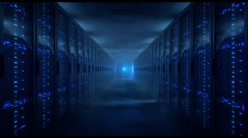 Corridoio server buio con LED blu, intervento in corso su rack in retrofit
