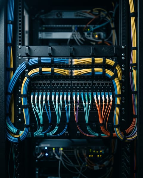 Dettaglio patch panel con cavi strutturati colorati ordinati con velcro