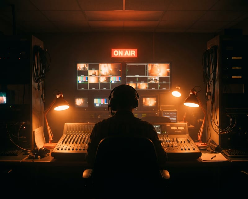 Operatore in regia broadcast con mixer e multiviewer, insegna ON AIR rossa accesa