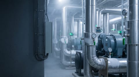 Sala tecnica con pompe, tubazioni coibentate inox, manometri e valvole verdi